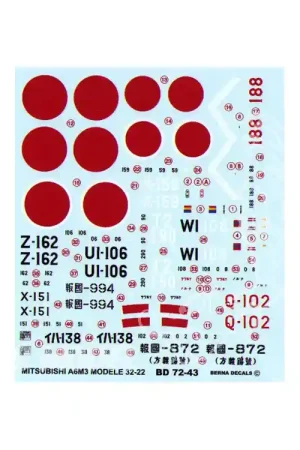 Expédié Aujourd'hui Decalques Berna decals BD72-43 MITSUBISHI ZERO A6M3 HAMP MODELE 32 - 22 1/72