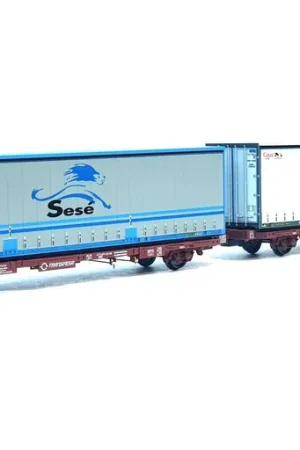 *SOLDES* - DOUBLE WAGON PORTE CONTENEURS TRANSFESA + 2 CONTENEURS SESE Livraison Express