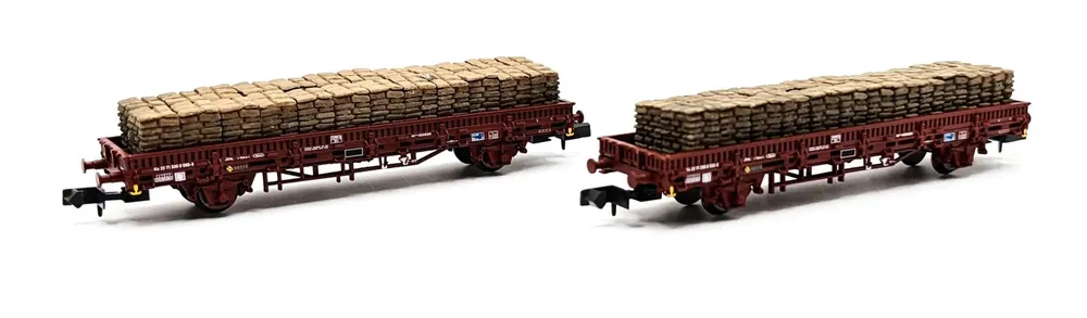 *SOLDES* - COFFRET DE 2 WAGONS PLATE FORME A 2 ESSIEUX KS LIVREE ROUGE OXYDE CHARGE DE SACS DE TABAC - TABACALERA RENFE Promotion Saisonnière
