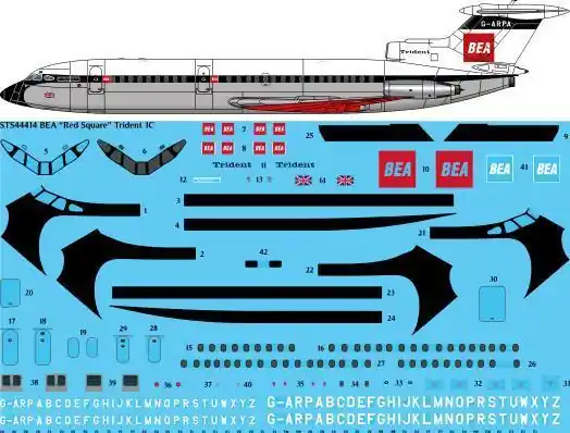 26 Decals STS44414 Hawker-Siddeley Trident 1C - British Airways (BEA in Red Square) Dernier Modèle
