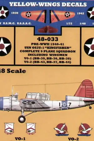 Yellow Wings 48033 Vought OS2U-1 Kingfisher (1940/1941) Decals (VO-1 and VO-2) Vente Directe