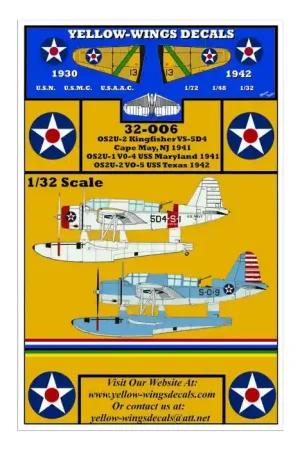 Yellow Wings 32006 Vought OS2U-1/2/3 Kingfisher Decals Nouvel Arrivage
