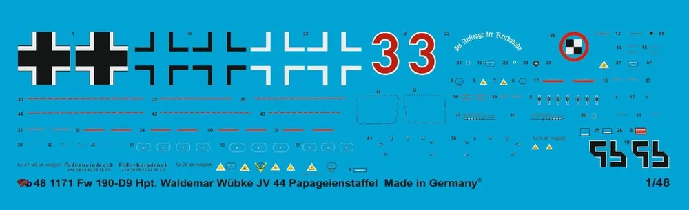 Vente Flash Peddinghaus-Decals 1171 FW 190 D-9 Hptm. Waldemar Wübke JV 44 Papageienstaffel